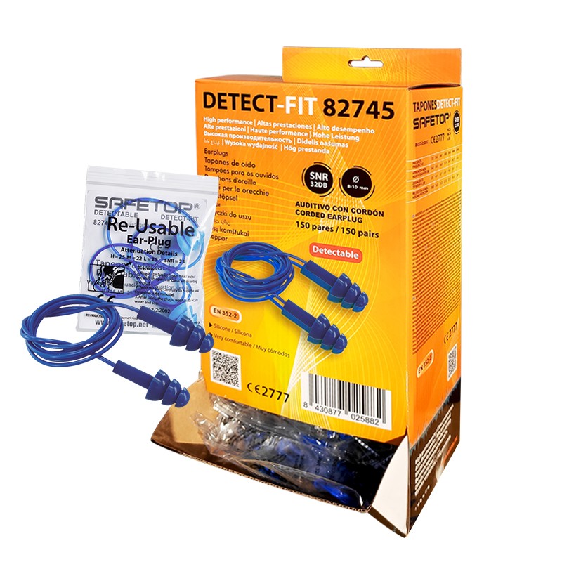 Tampões de proteção para ouvidos detetáveis com fio I Caixa com 150 pares I modelo: DETECT FIT I SNR 32 DB I SAFETOP