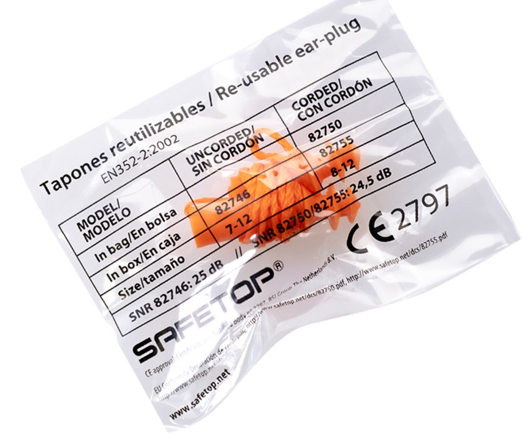 Tampões de proteção p/ ouvidos c/ fio em bolsa individual I cx de 100/400 pares I SNR 24,5 DB I SAFETOP