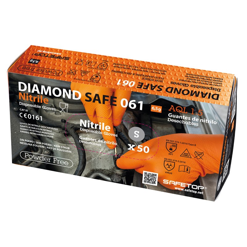 Luva nitrilo laranja  I 1 cx 50 unid 10 packs  I modelo: DIAMANTADO I SAFETOP
