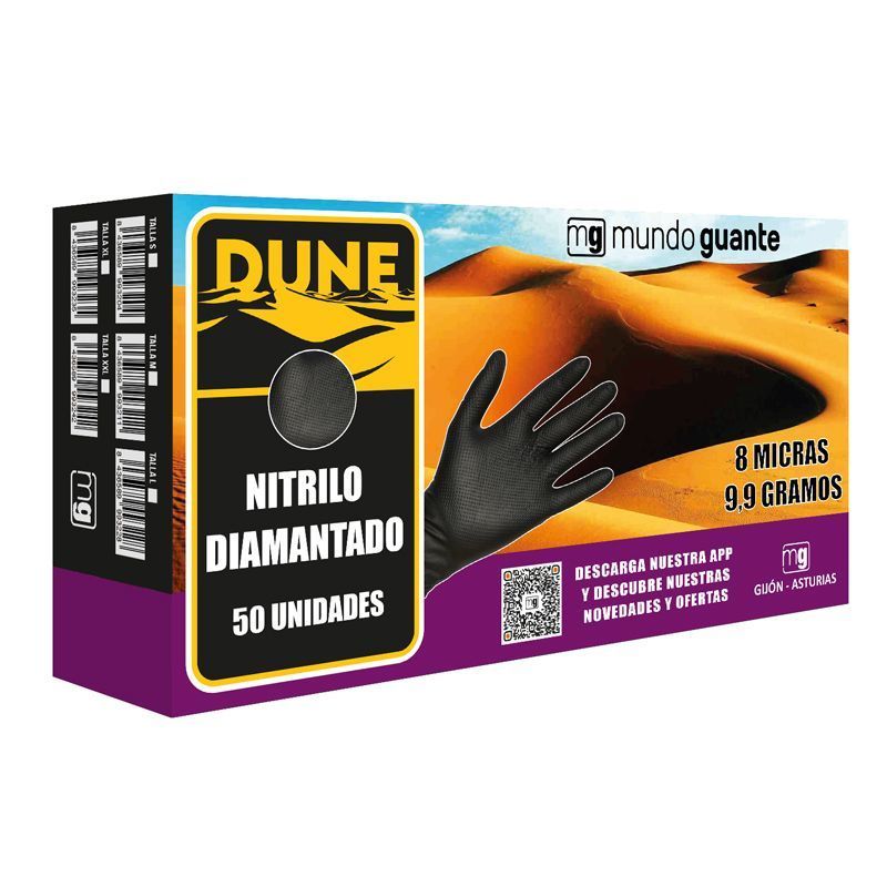 Luvas em nitrilo preto diamantadas I 8 micras 9,5 gramas I modelo: Dune I MUNDOGUANTE (pack 50 unidades) - Tamanho S